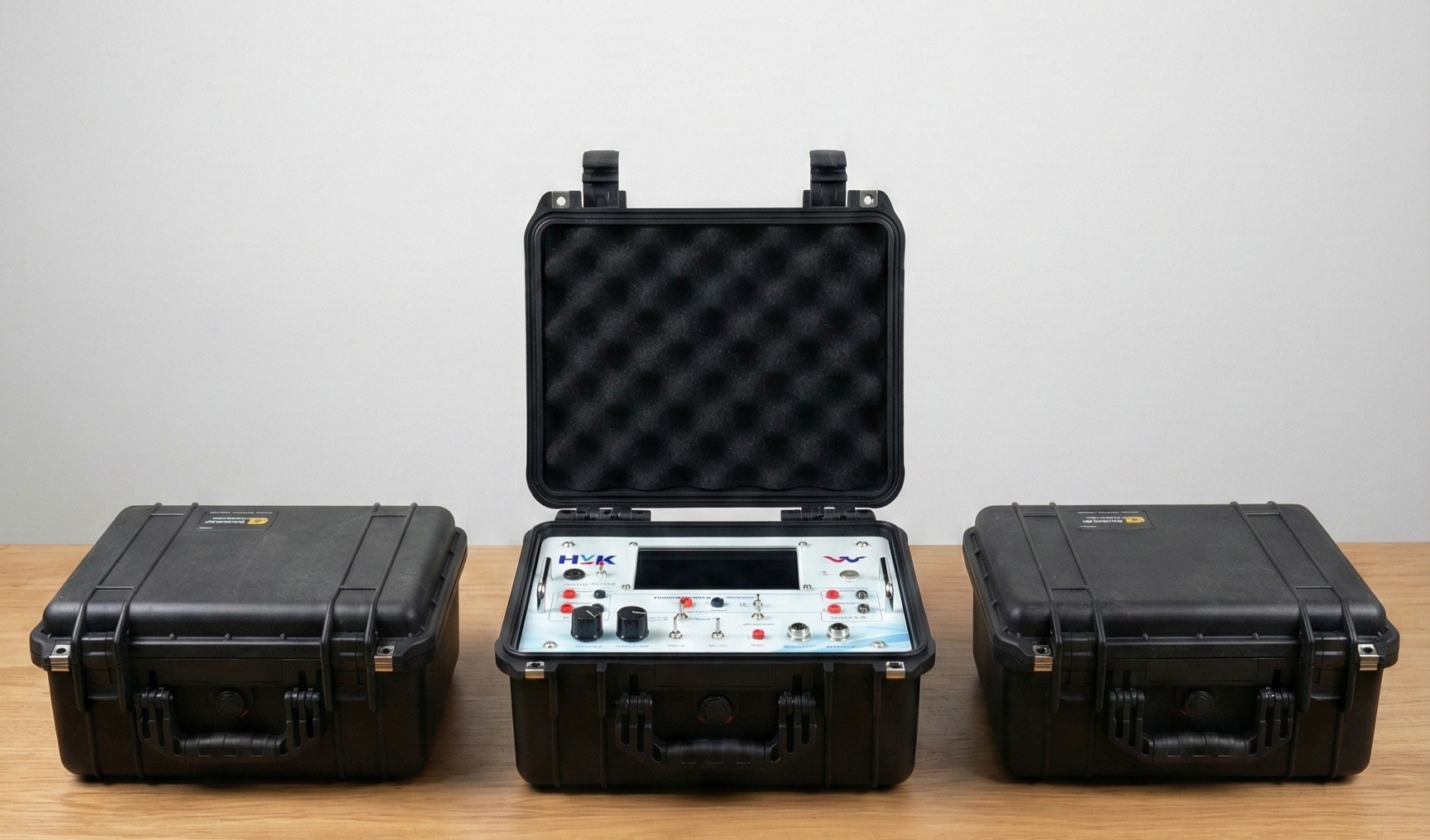 Three PVC kits side by side in their carry cases, the middle one open